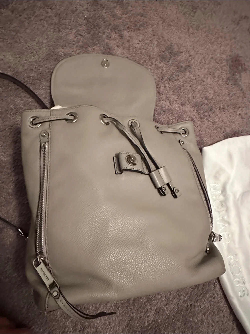 Michael Kors Light Gray Pebbled Leather Drawstring Backpack